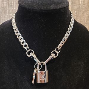Louis Vuitton Authentic Palladium Lock w/Key Curb Chain Necklace